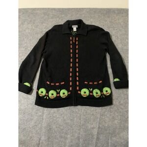 Vtg Investment Women's Christmas Full Zip Black Sweater L Embroidered Wreath
